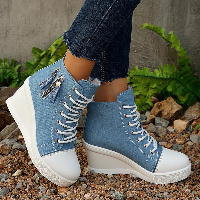 Damskie casualowe trampki high top z denimu, dekoracja na zamek błyskawiczny, koturn, buty płócienne, moda damska, sznurowane, platforma, botki do kostki, duży rozmiar