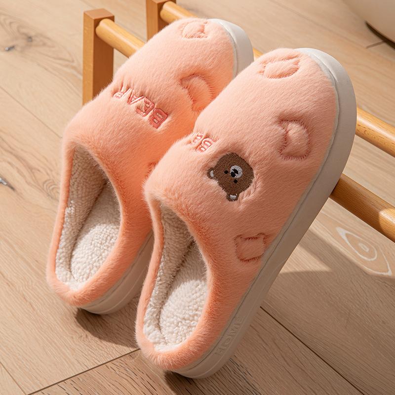 Cotton slippers embroidered autumn and winter indoor home dormitory thick bottom warm velvet couple hair slippers