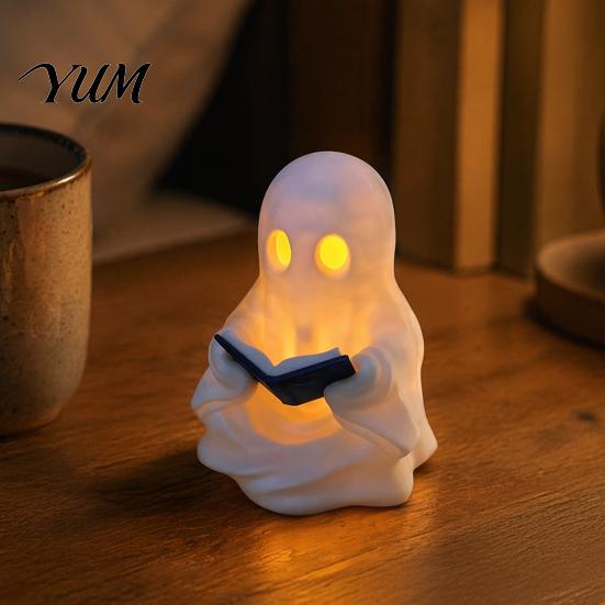 Kawaii Ghost Statue Cute Reading Book Lamp, Lighted Figurine with Warm LED Bedroom Bedside Lamp Light, Halloween Night Light for Mantel Shelf