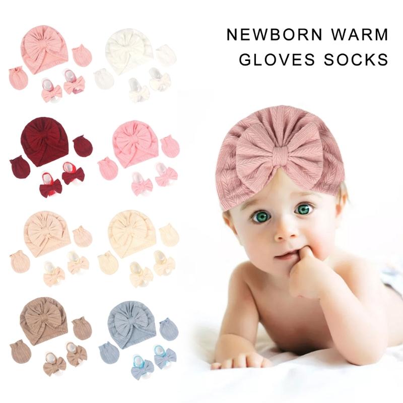 Baby Turban Hat Hospital Nursery Hat with Gloves & Feet Bowknot Newborns Soft Bonnet Caps Set for Baby 0-3 Month