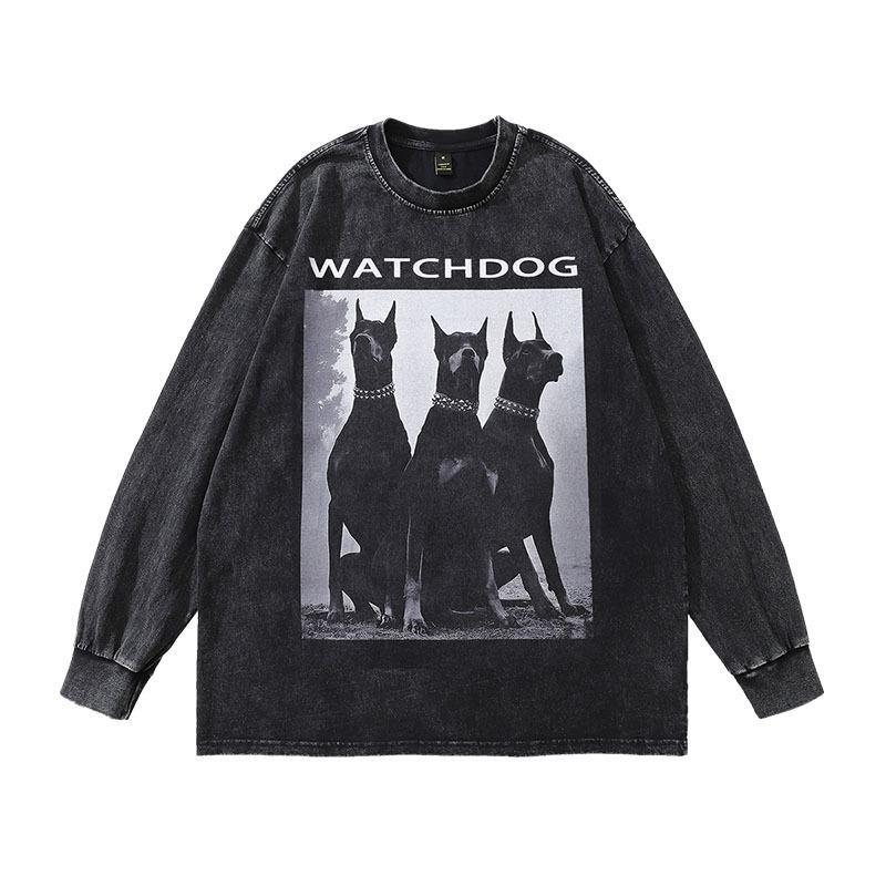 Trendy Brand American High Street Retro Doberman Direct Injection Printing Washed Long-Sleeved T-Shirt Men'S Loose Vintage Top