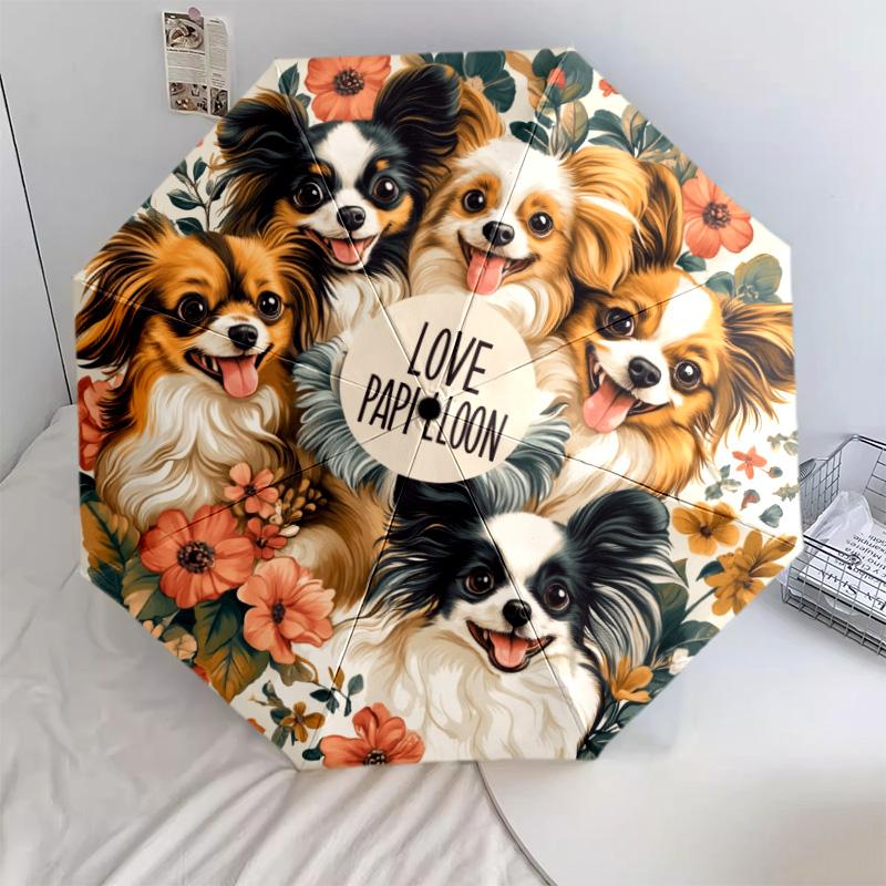 Papillon with Tongue Sticking Out  Pattern, Automatic Folding Umbrella, Portable and Foldable Design, 8 Ribs, a Christmas or Birthday Gift.