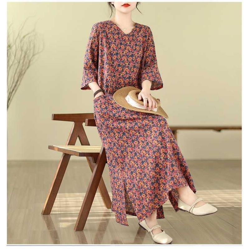 Literary Retro Vacation Style Travel Dress Plus Covering Flesh Skinny V-Neck Long Dresses