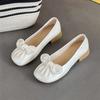 Bow Low Heel Single Shoes Women's Spring and Autumn New Shallow Mouth Round Head Soft Leather Grandma Shoes Comfortable Versatile Doudou Shoes