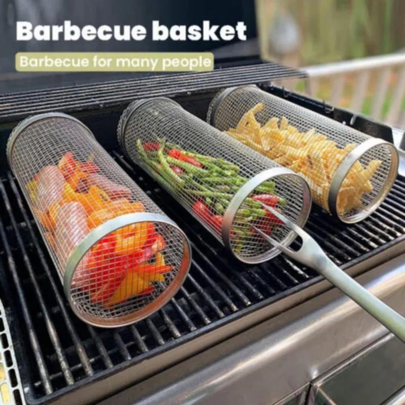 1 Stück Edelstahl Grill.Bräter Rollzylinder Korb Tragbar Netz Rotierend BBQ Käfig Ofen Zuhause Grillen Picknick Zubehör