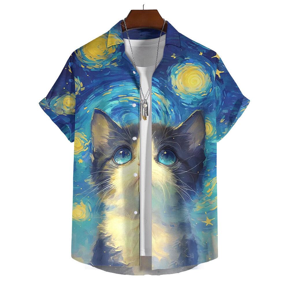 Summer Men's Printed Short Sleeve Shirt Oil Painting Starry Sky Cartoon Cat Print Street Daily Casual Oversized Tops SIZE S-5XL
