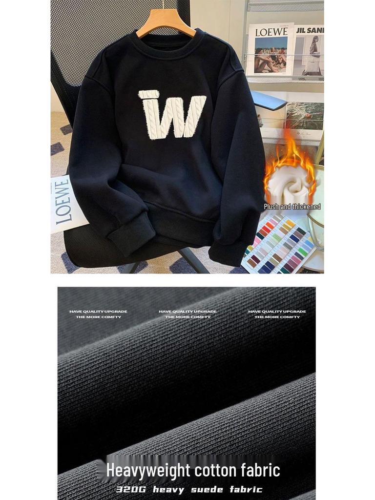 Men's Thick Fleece-Lined Round Neck Hoodie - Autumn/Winter Hipster Style, Loose Fit