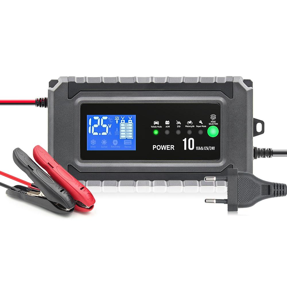 12V/24V 10A Automatyczna Ładowarka Akumulatora Samochodowego Mokry Suchy Kwasowo-Ołowiowy Litowy Wyświetlacz LCD Inteligentna do Ciężarówki Motocykla Ładowanie Test Akumulatora
