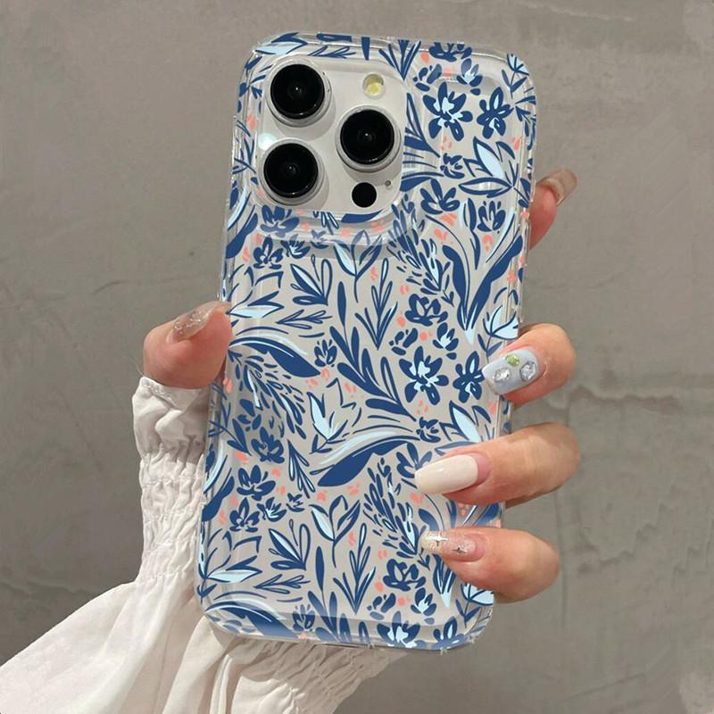 Blue Floral Patterned TPU Phone Case For iPhone 16 16e 14 13 15 Pro Max 11 12 Pro Mini 7 8 Plus XR Shockproof Soft Clear Cover