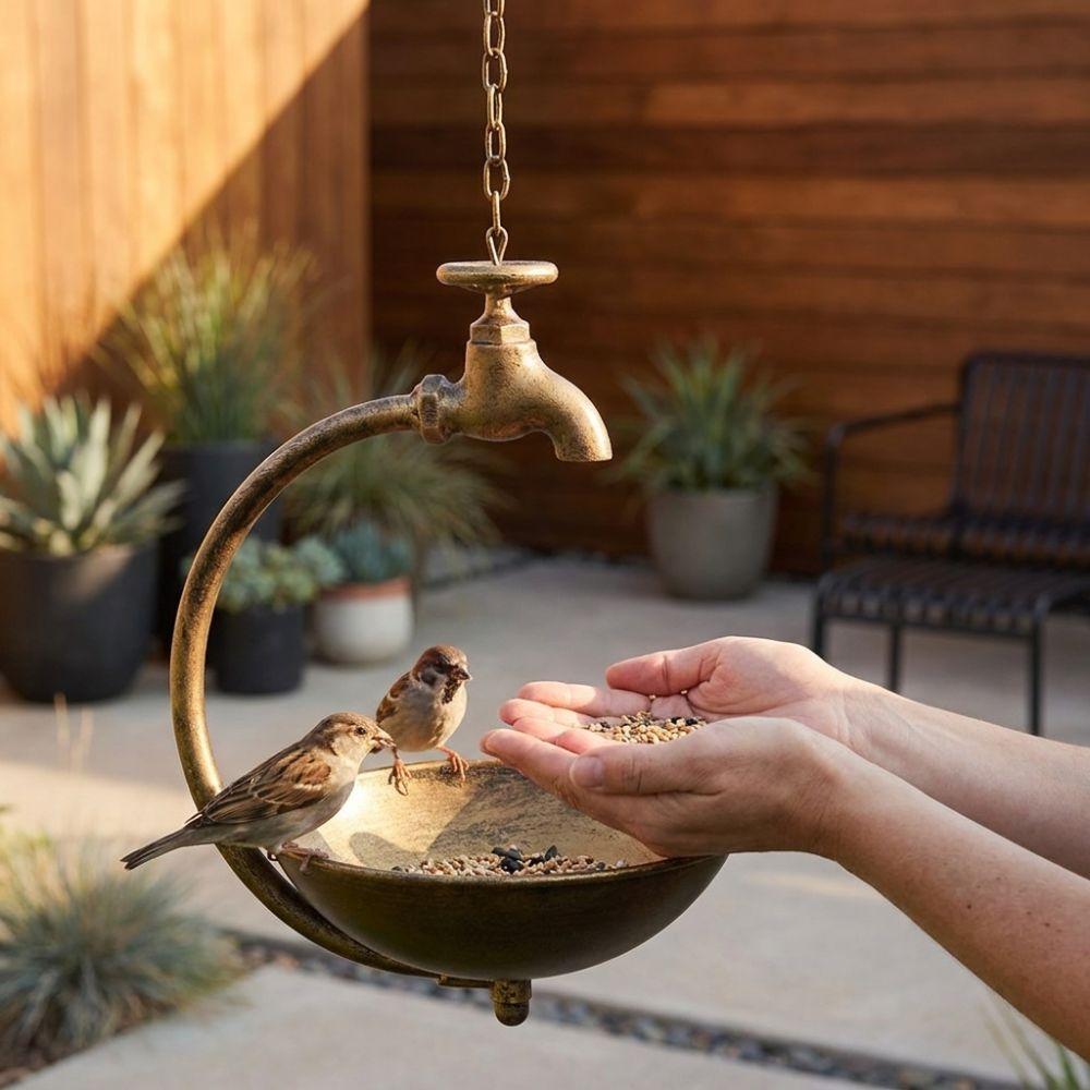 Faucet Design Metal Bird Bath Retro Bird Feeding Bowl Yard Art Feeding Station  Garden Decor
