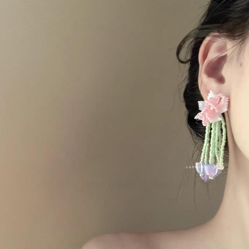 Reisperlen Kristall Blume Quastenohrringe klein frisch Urlaubsstil süße Ohrringe super feenhaftes Temperament Mori Ohrringe