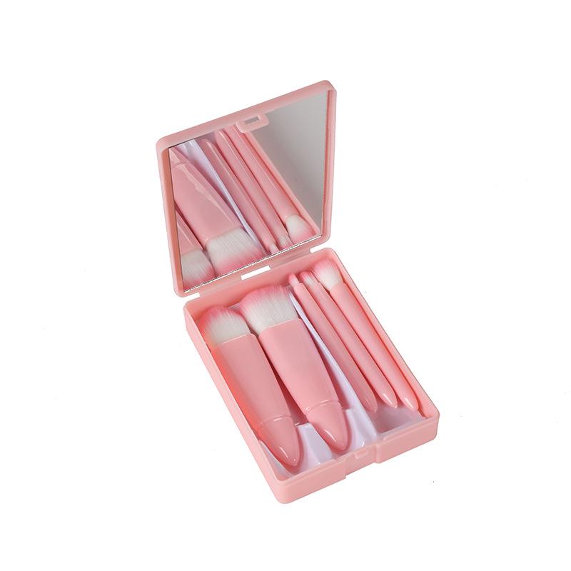 Compact 5-Piece Travel Brush Set with Mirror: Powder, Foundation, Eyeshadow Brushes & Makeup Tools