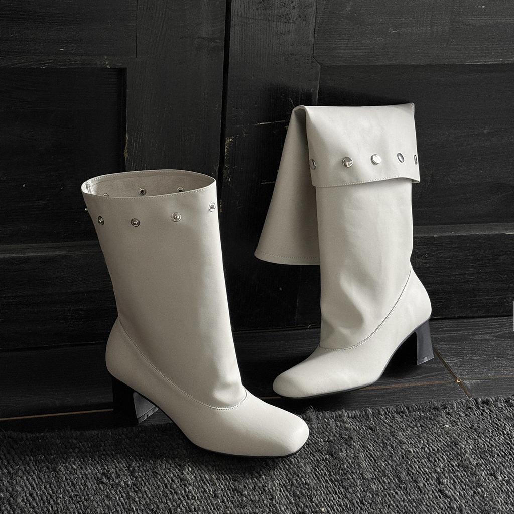 Cowhide two wear tall women's boots female knight boots autumn and winter new round head thick high heel sleeve tall stacking boots