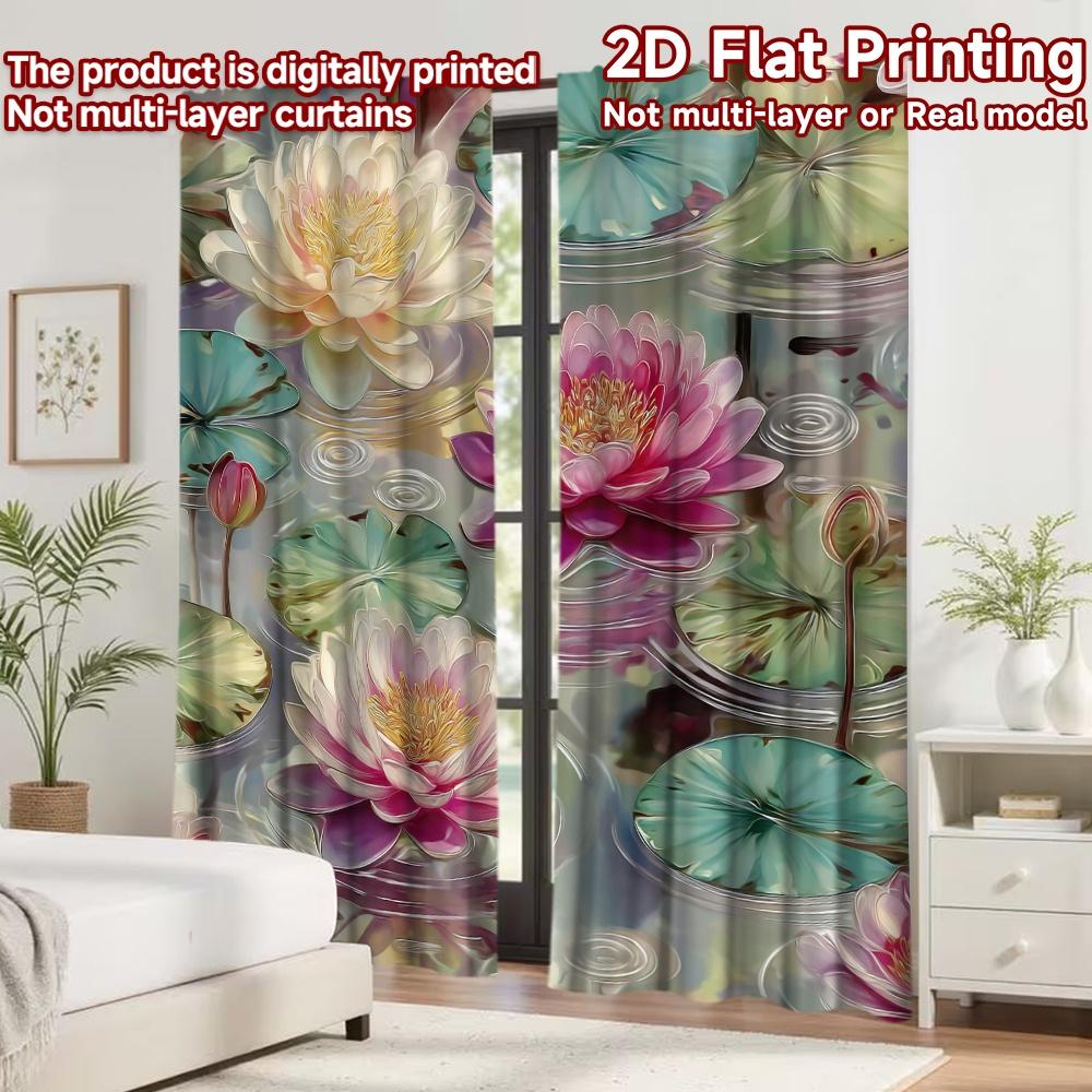 2D Flat Printing 2pcs Curtain Scene Curtain Lotus Flowers On Water Digital Printed Polyester Drapes Festive Wall Decor Use for