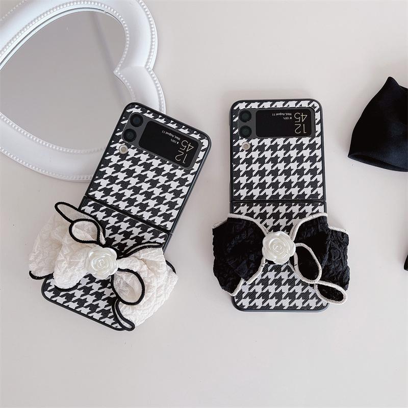 Applicable to Samsung ZFlip3 plaid folding mobile phone case, Japanese and Korean zflip4 generation bow leather hard case protective case
