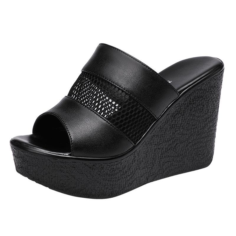 Fashion New Fish Mouth Cowhide Mesh Slippers Summer Women  Sandals Platform Wedges Slippers Increase Sandals Women Shoes Size 32-43