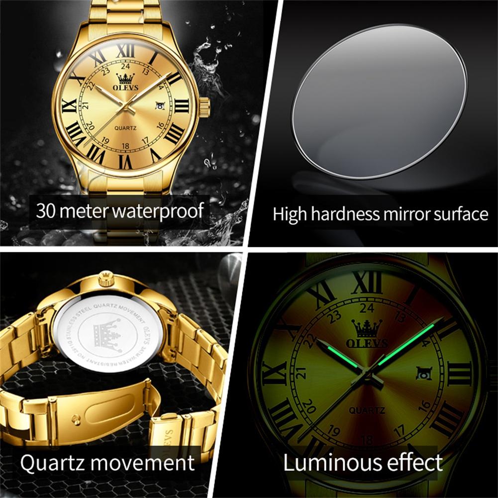 OLEVS Men's Watches Trend Fashion Gold Fine Steel Original Brand Quartz Wristwatch for Man Waterproof Luminous Date Roman Dial