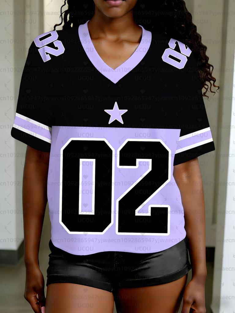Women's NO.02 Print V-Neck Short Sleeve Casual T-Shirt Summer Graphic Tee Jerseys Plus Size Sport T-Shirt