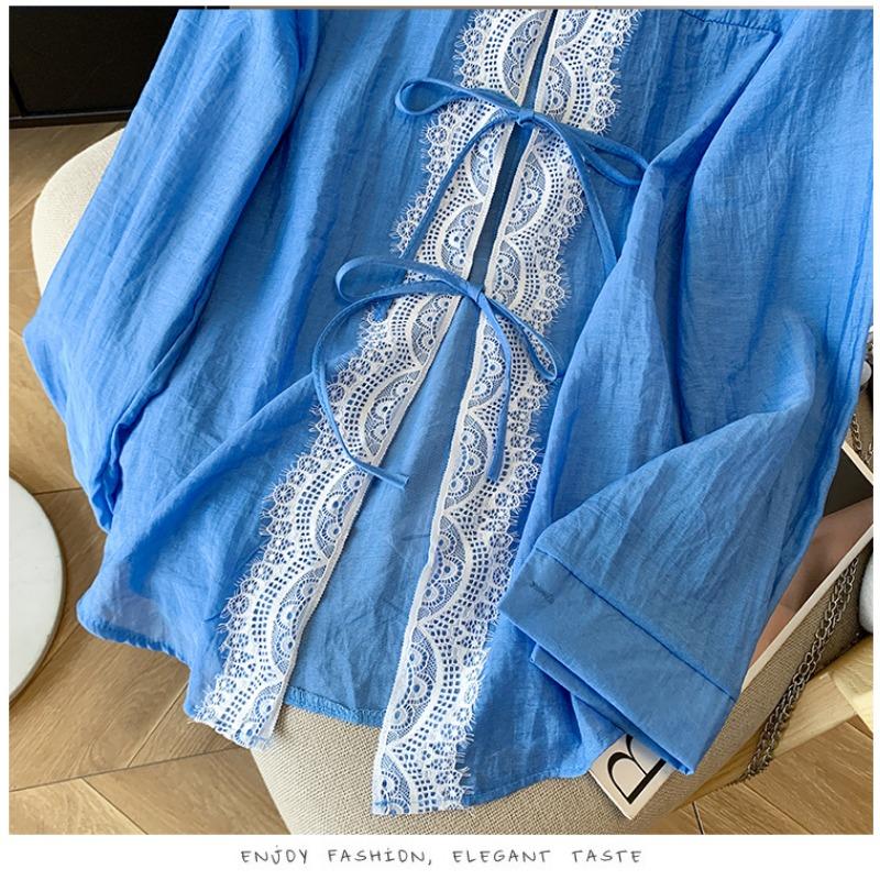 Elegant Back Slit Strap Splicing Lace Sunscreen Shirt Long Sleeved Loose Jacket for Women's Bow Tie Summer Fashion Thin Loose Fit Shirt Sweet Blouse