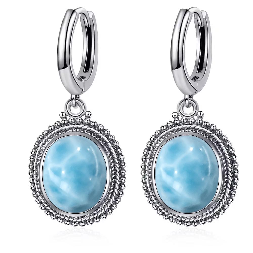 Vintage 925 Silver Natural Labradorite Earrings with Blue Light 10*12mm Big Stone Hoop Earrings Fine Jewelry for Women