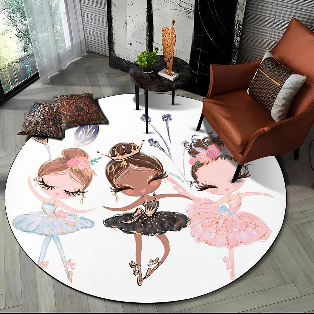 Cartoon Ballet Girl Fairy Ballerina Flower Round Carpet Rug for Living Room Bedroom Child Decor,Pet Area Rug Non-slip Floor Mat