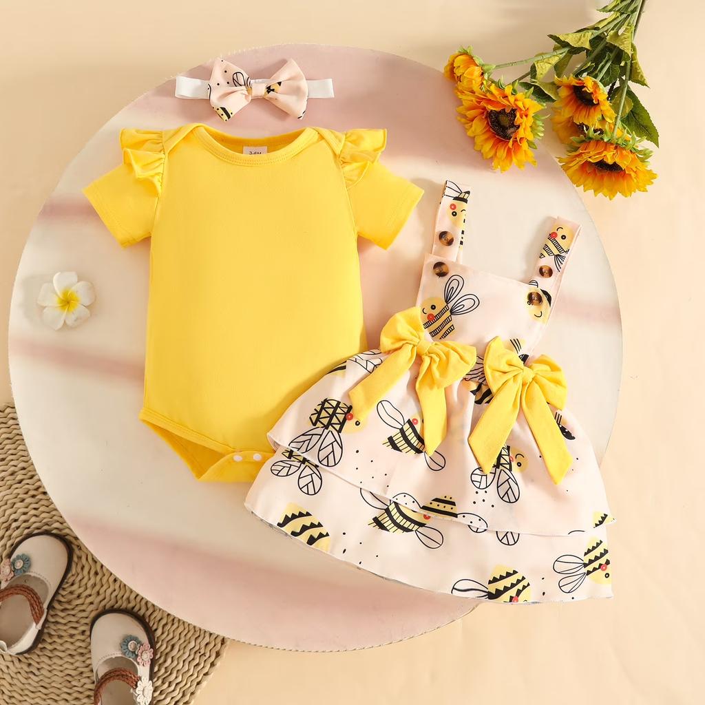 Baby Summer Outfit Set Girl Short Sleeve Bodysuit Romper Ladybug Print Dress with Bowknot Straps and Headband Infant Clothes