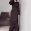 2026 Womens Slim Fit Long Sleeve Solid Color Wrap Waist Midi Maxi Dress Casual Elegant Office Wear