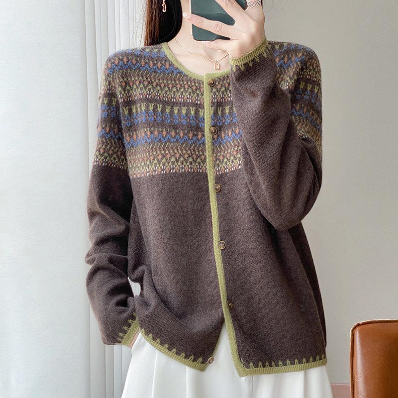 Crew Neck Retro Jacquard Mercerized 100 Wool Sweater Contrasting Cardigan Women'S Loose Long-Sleeved Cashmere Knitted Jacket Top