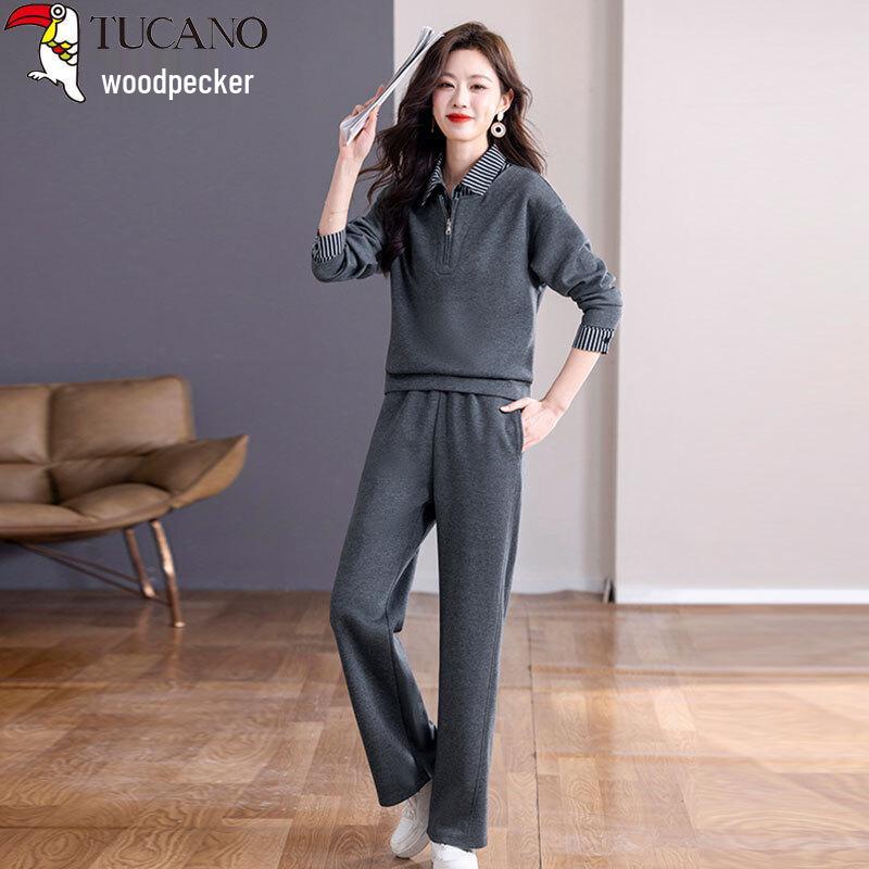 Women's Faux Two-Piece Polo Sweatshirt & Straight Leg Tracksuit Set