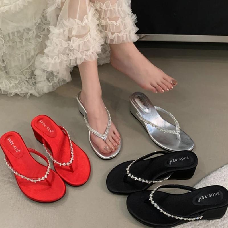 Fashion 2025 New Summer Women Crystal Clip Toe Slippers Fashion Wedges Heel Slide Ladies Elegant Street Style Flip Flop Shoes