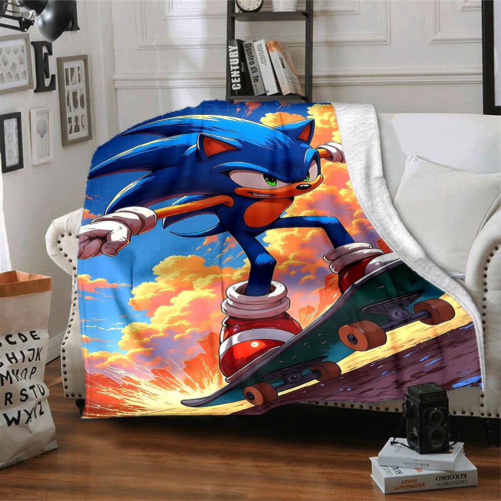 1pc Sonic Skateboarding Flannel Blanket, Soft Skin Friendly with Digital Printing, Various Sizes Available for Family, Friends, Birthday