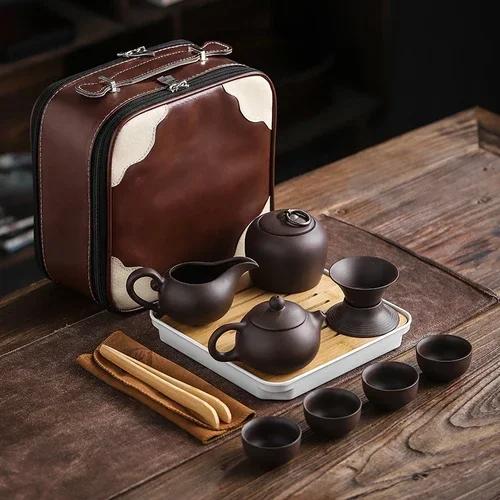 

Китайский чайный сервиз Фиолетовый глиняный чайник Гайвань Портативный дорожный чайный сервиз для церемоний Кунг-фу Three-piece Set