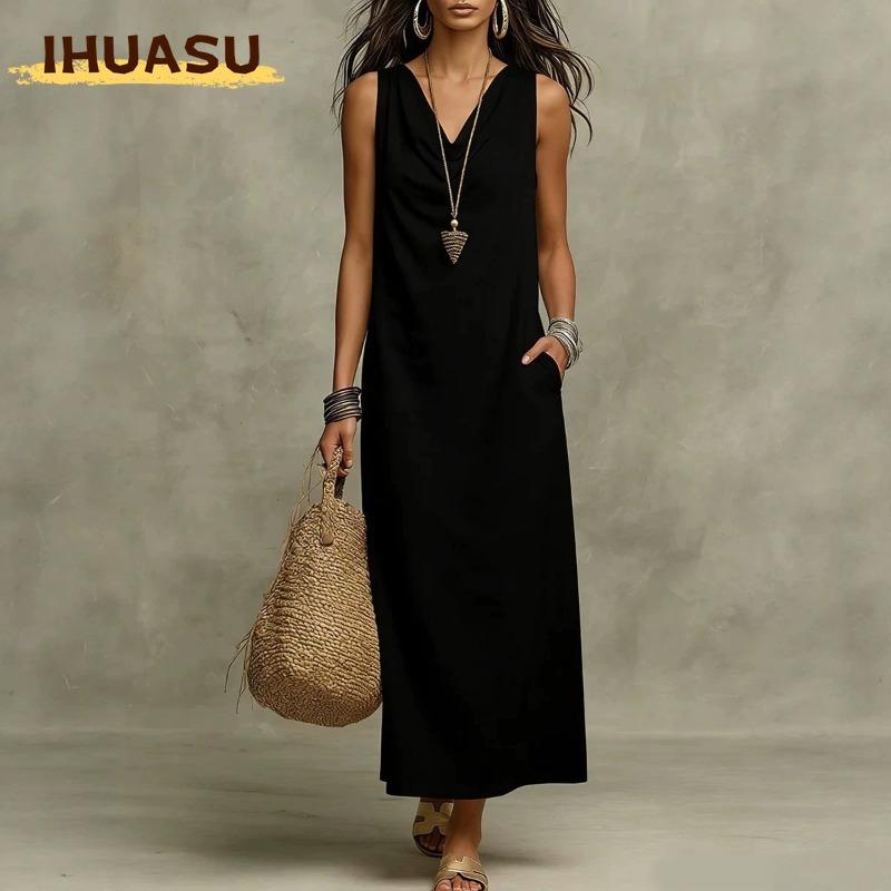 IHUASU Women's Fashion Summer Spring Solid Color V-Neck Sleeveless Print Casual Dresses