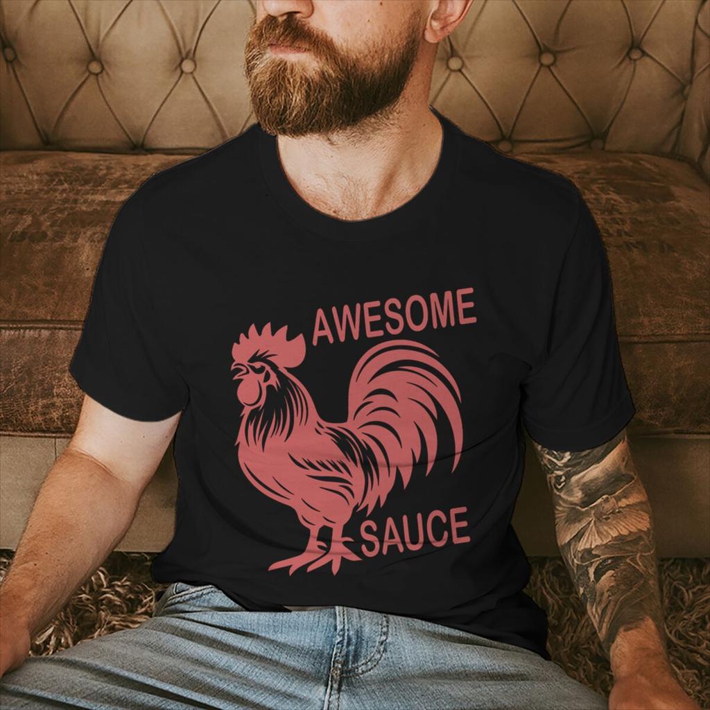 Funny Rooster Awesome Sauce Print TShirts Mens Short Sleeve Graphic T Shirt Funny Chicken Tshirt Humor Tees Male Tshirt