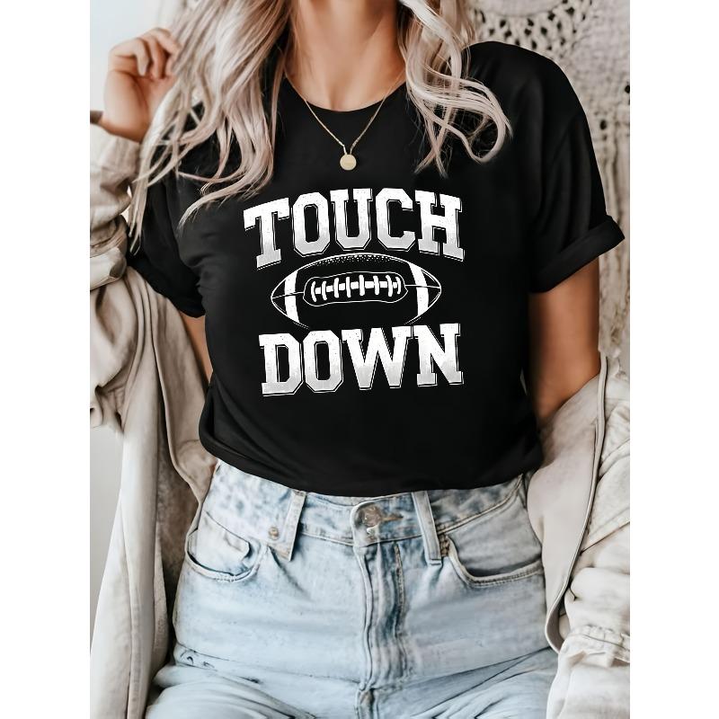 European Size Spring and Summer American Football Shirt | Women'S Oversized Crew Neck T-shirt with Football Letter Simple Stroke Pattern Print