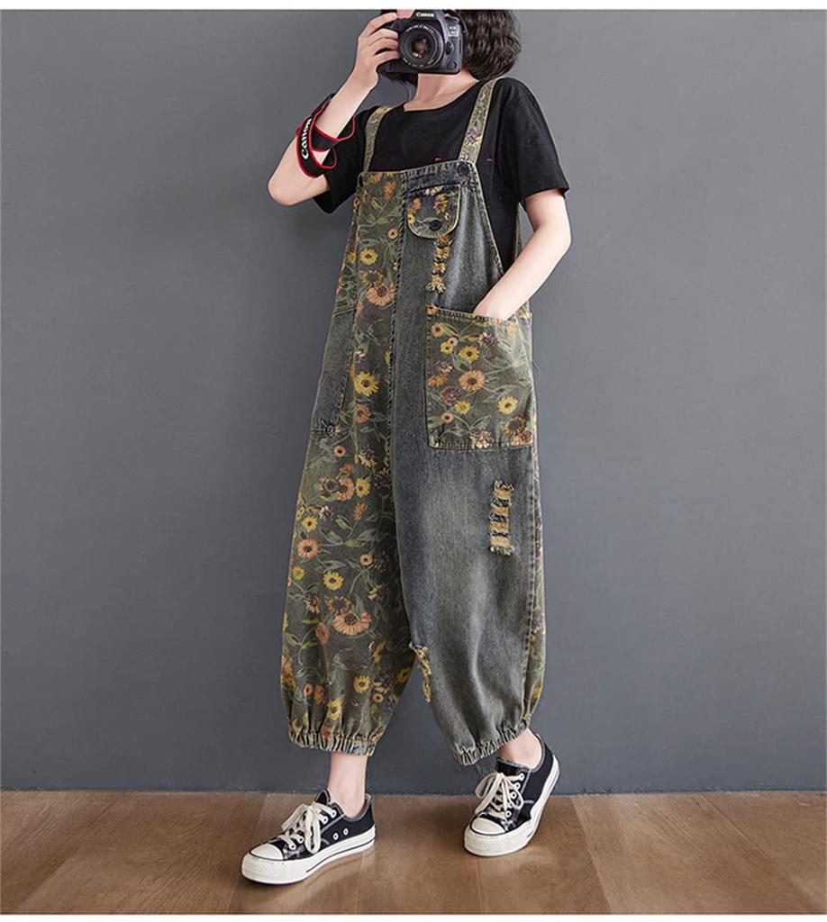 Mouhoukyo Denim Floral Print Women's Overalls, Wide-Leg Pants, Jeans, M-2XL (Color shown, 2XL)