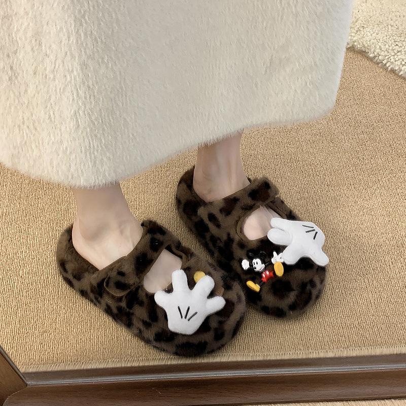 High-value Cartoon Mickey Thick-bottomed Cotton Slippers 2025 New Sweet and Cute Foreign-style Fluffy Slippers