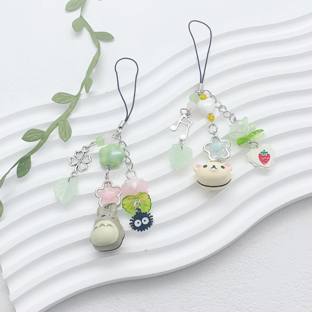 Cute Rilakkuma Bear Bell Matching Phone Charms Handmade Totoro Cat Star Hanging Chain Beaded Pendant Cardbook Keychain Gifts