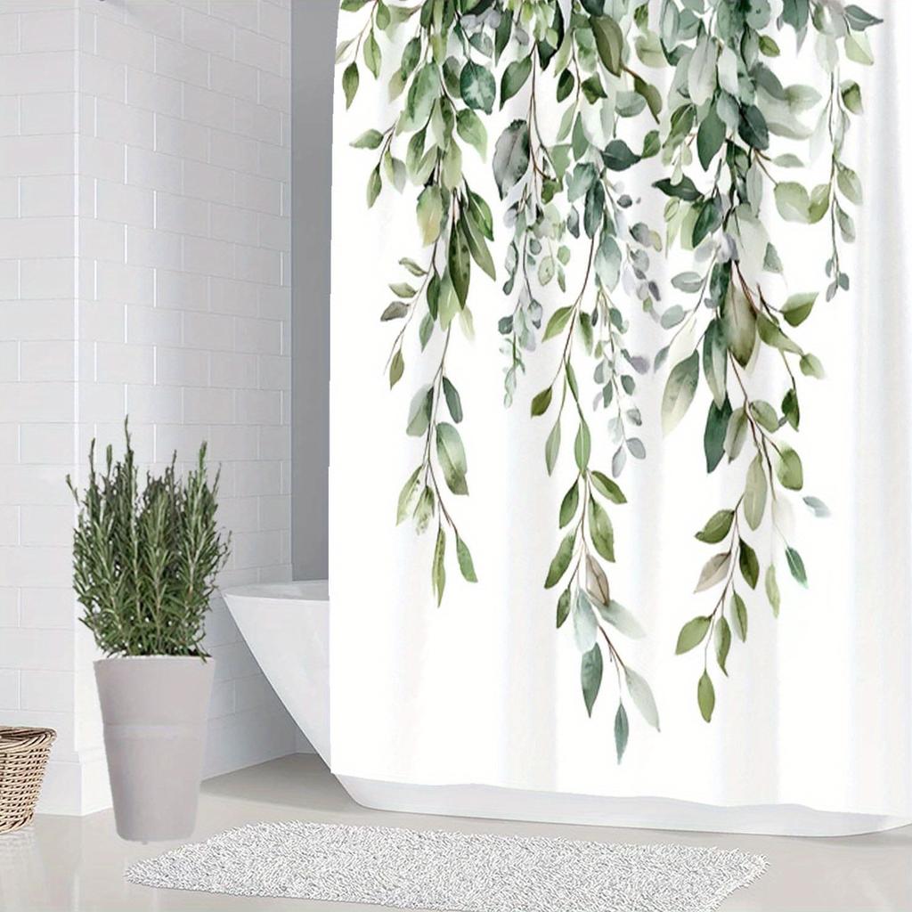 Set Of 4 Green Leaves, Waterfall, Simple Pattern Shower Curtains With Hooks, Bathroom Divider Curtains, Machine Washable