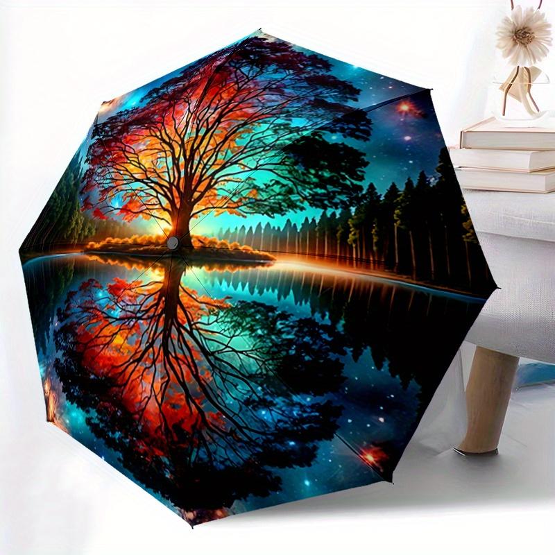 1pc The Enchanted Tree in a Dreamlike Forest Pattern Beautiful Looking Automatic Folding Umbrella, 3 Folding, 8 Iron Frame Design, Durable and Su