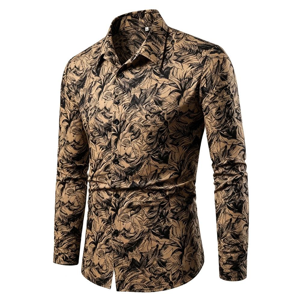 Men's Retro Plant Leaf Printed Long Sleeved Shirt with Slim Fit Collar Trend Shirt, Daily Party Casual Men's Top