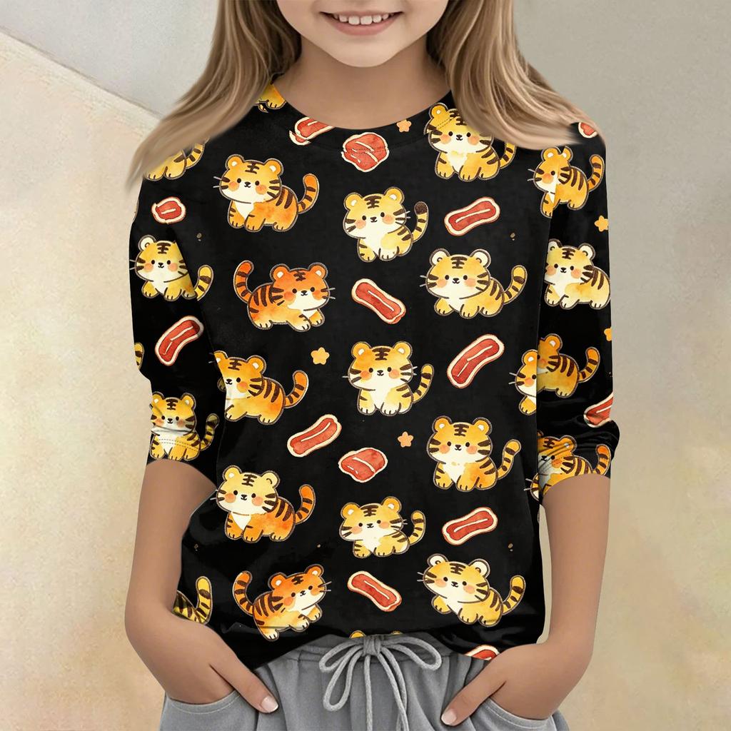 Kinder Tierdruck Rundhals Dreiviertelarm Lässiges T-Shirt Weicher Bequemer Stoff Geeignet für den Alltag und Spielzeit