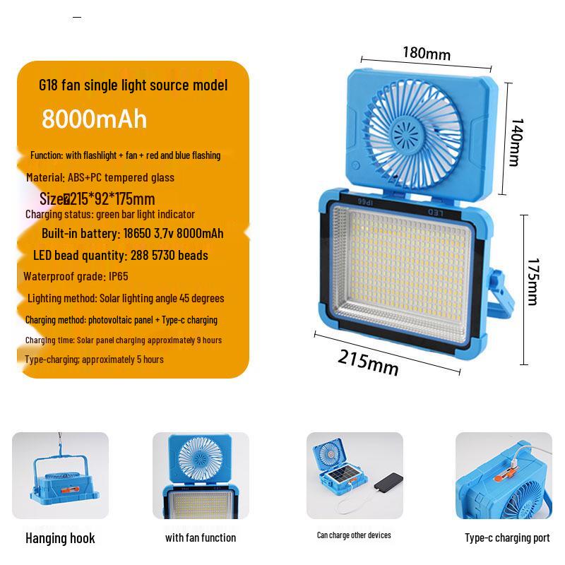 

Portable Solar Light with Fan for Night Markets, Camping & Emergency Use Blue