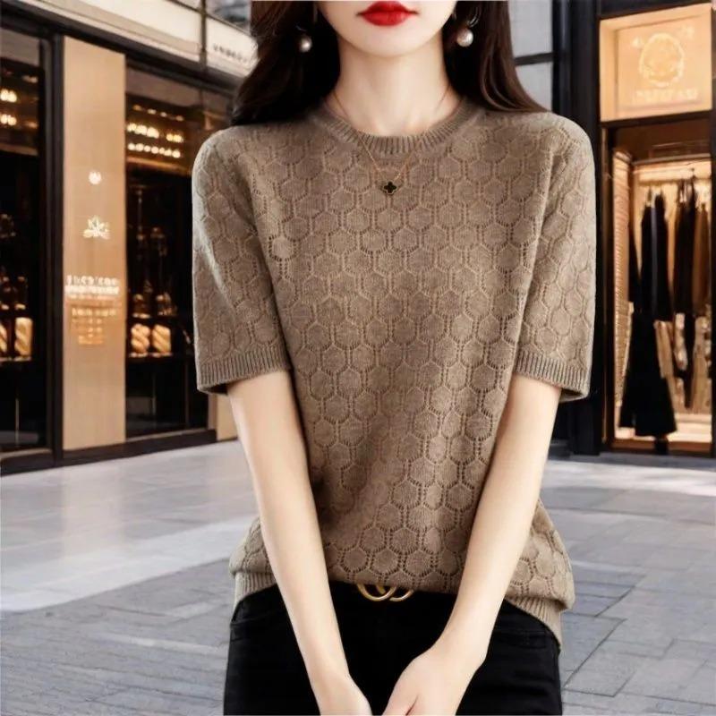 Purple Crew Neck Honeycomb Knit Short Sleeve Sweater for Women