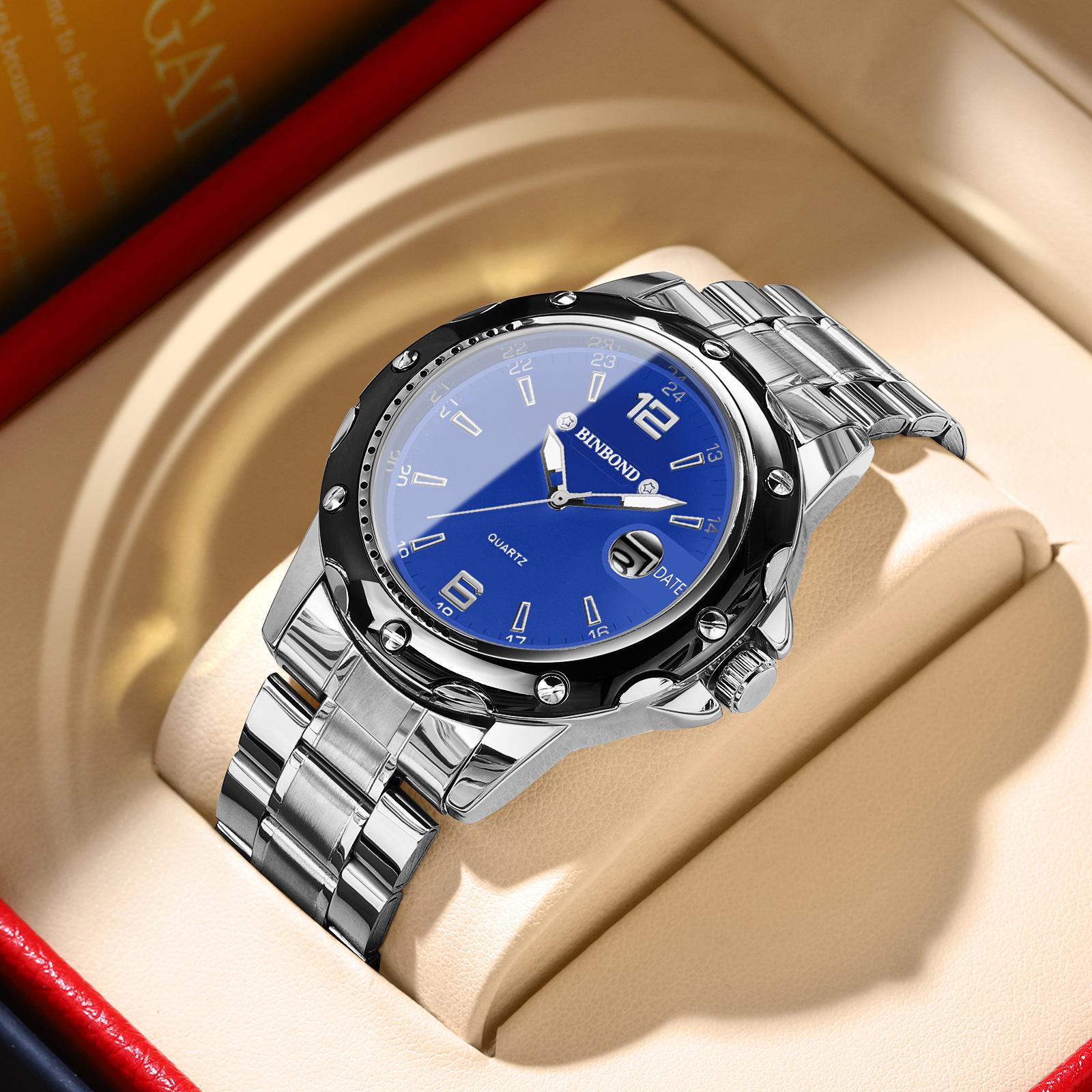 Men s quartz watch fashion magnifying glass calendar luminous men s steel belt sports watch