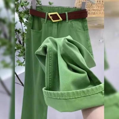 Elegante grüne Jeans mit weitem Bein und großer Größe für Damen, lockere grüne Hose mit hoher Taille