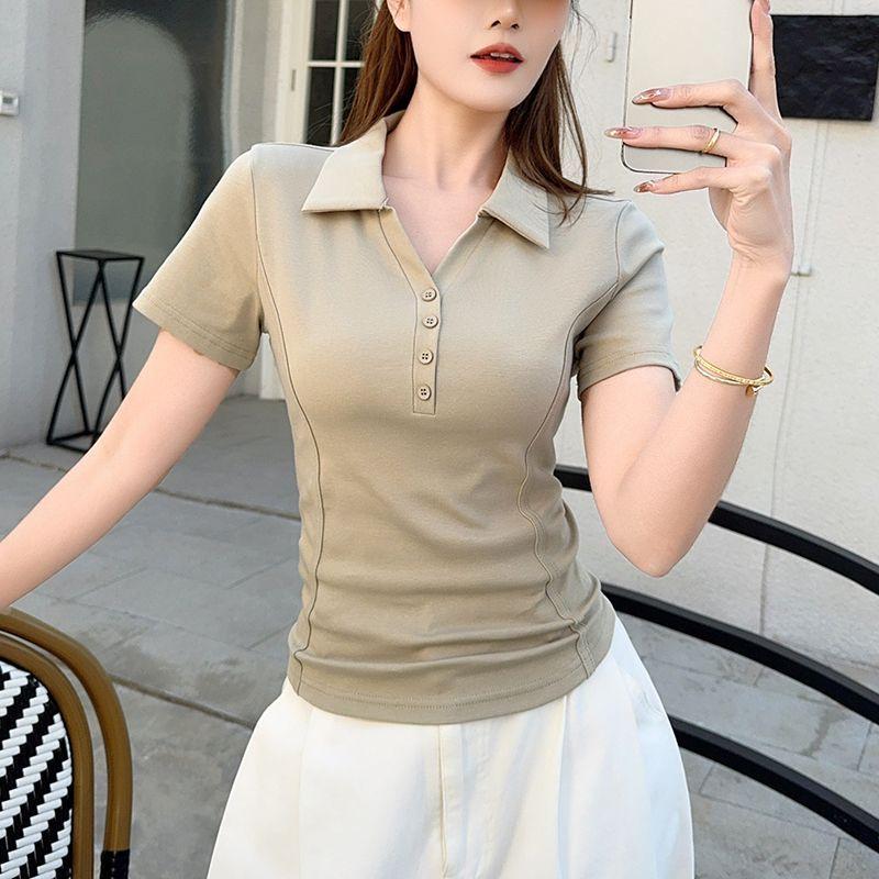 Letni Damski T-shirt Polo Krótki Rękaw Wyszczuplający Modny Top Casualowy Strój do Pracy