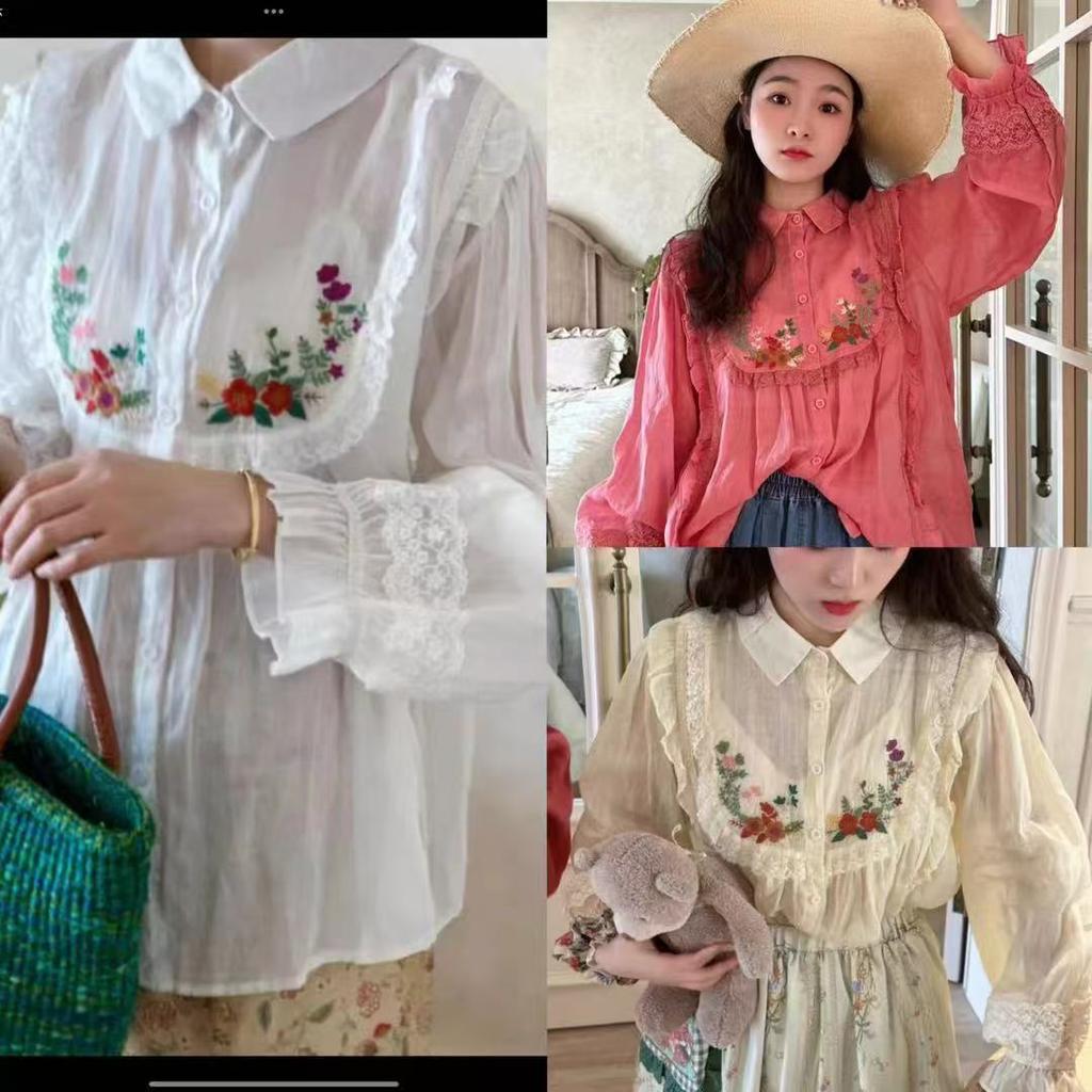 1116 spring new women's lapel Japanese cotton and linen shirt loose shirt embroidered Mori women's clothing long sleeves small and fresh