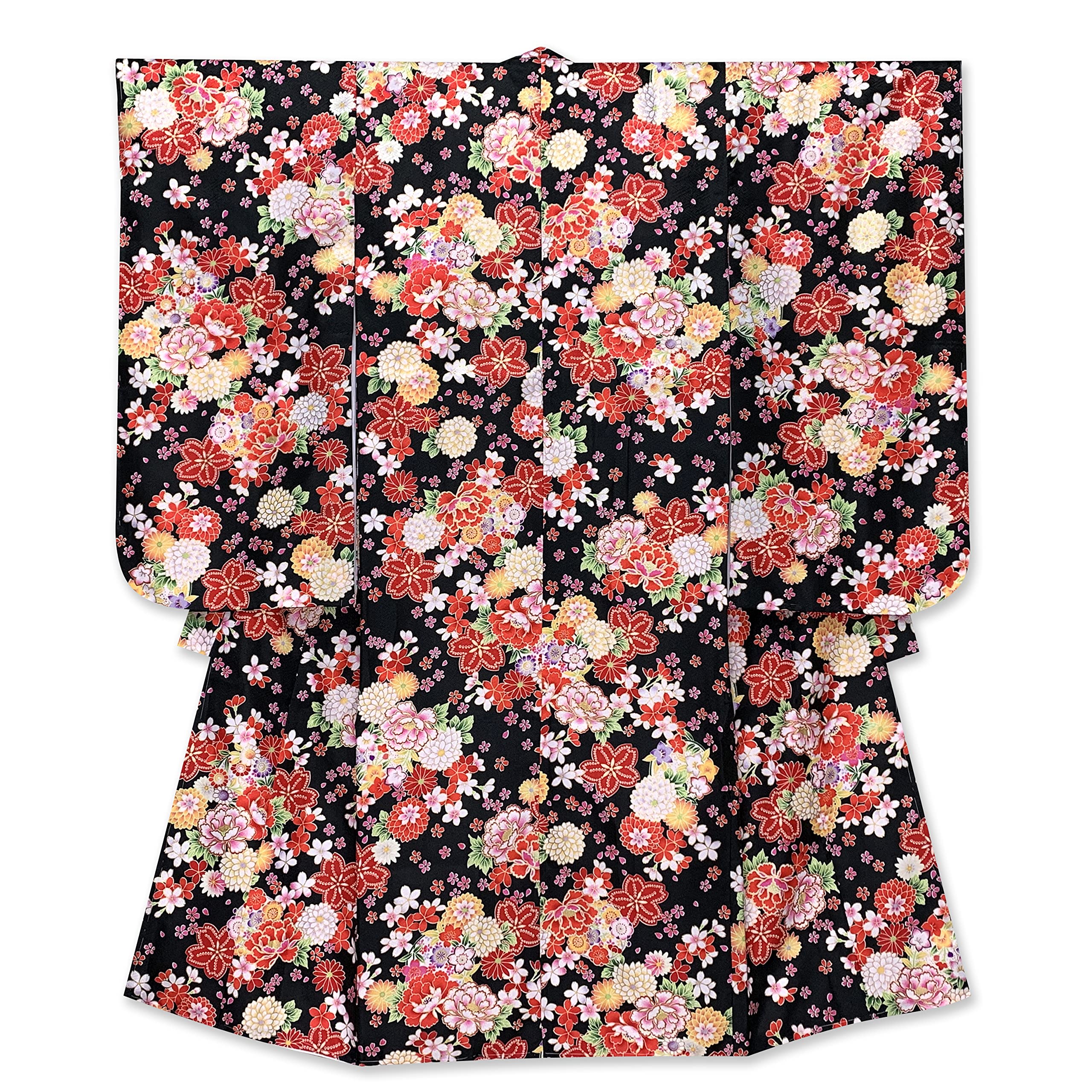 

7 Years Four Single Synthetic Fiber Chrysanthemum and PTK374 [Muromachi-st.] Shichi-Go-San Kimono, Old, Girl, Pieces, Children s Kimono, Item, Black,