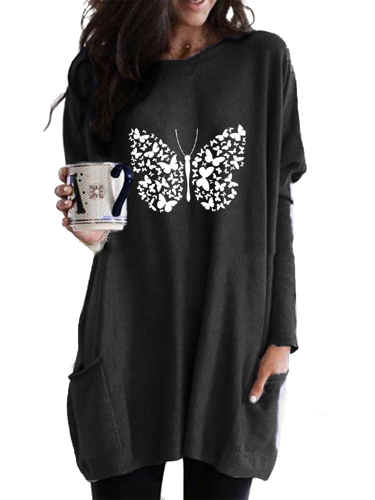 Women's Long Tunic with Pockets Loose Fit Fashion Printed Logn Sleeve Top Women's Sweatshirt
